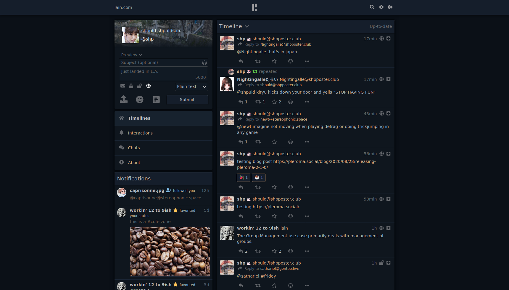 Capture d’écran de l’interface sombre de Pleroma